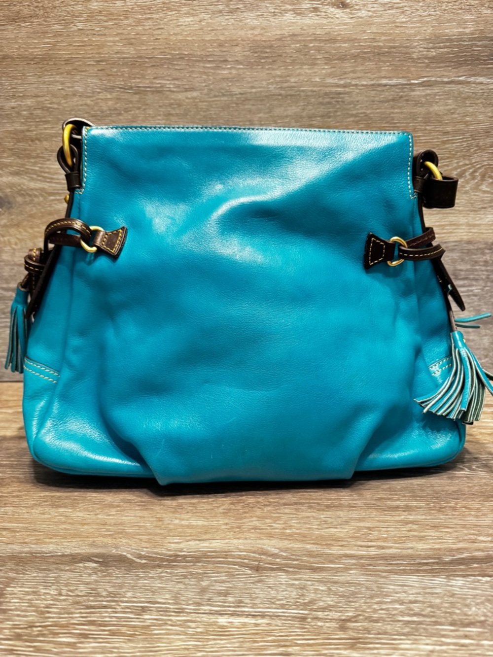 Dooney Florentine Toledo whipstitch hobo turquoise teal Shoulder bag tassels - Picture 6 of 16
